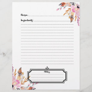 Boho florals feather pink recipe sheet insert
