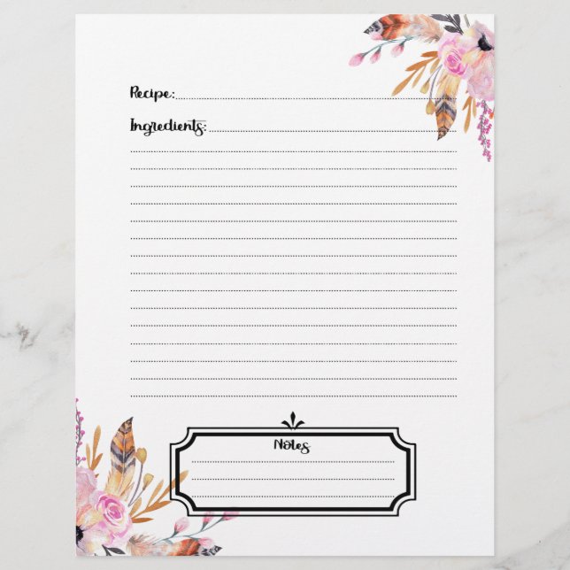 Boho florals feather pink recipe sheet insert (Back)