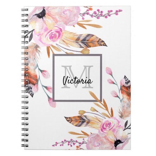 Boho florals feather white pink girly monogrammed notebook