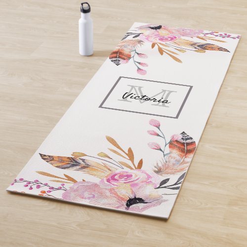 Boho florals feather white pink girly monogrammed yoga mat