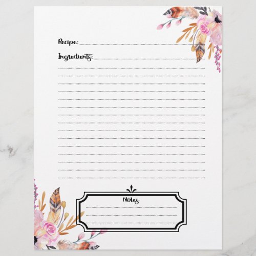 Boho florals feather white pink recipe sheet