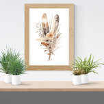 Boho Florals Gray Beige Brown Feathers Botanicals Poster
