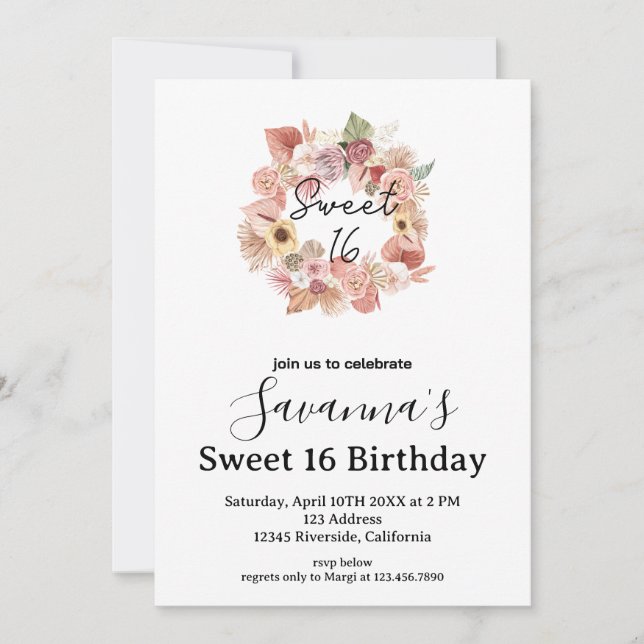 Boho Florals Personalized Sweet 16 Birthday Invitation (Front)