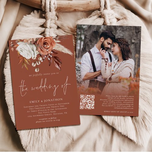  Boho Florals Photo QR Code Terracotta Wedding Invitation