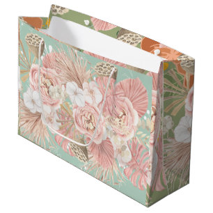 Boho Florals Pink Gray White Large Gift Bag