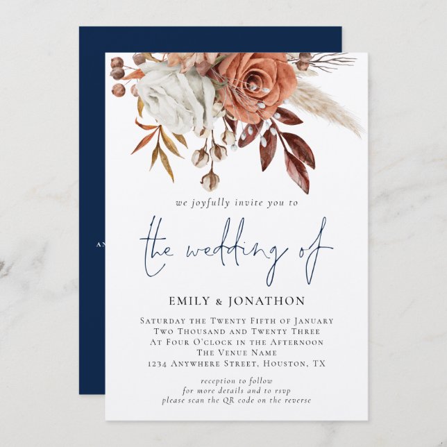 Boho Florals QR Code Navy Blue Winter Wedding  Invitation (Front/Back)