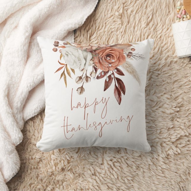 Boho  Florals Terracotta Happy Thanksgiving Throw Pillow (Blanket)
