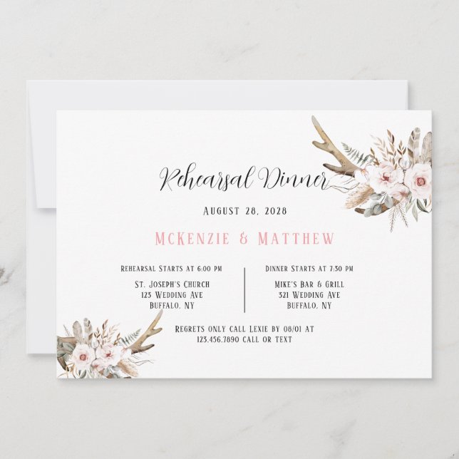 Boho Florals With Deer Antlers Rehearsal Dinner Invitation (Front)
