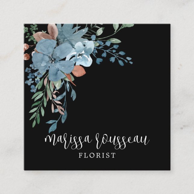 Boho Florist Botanical On Black Square Business Card (Front)