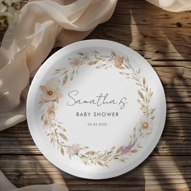 Boho Flower Baby Shower Paper Plates (Boho Flower Baby Shower Pastel - White Custom Paper Plates with your Name & Date.)