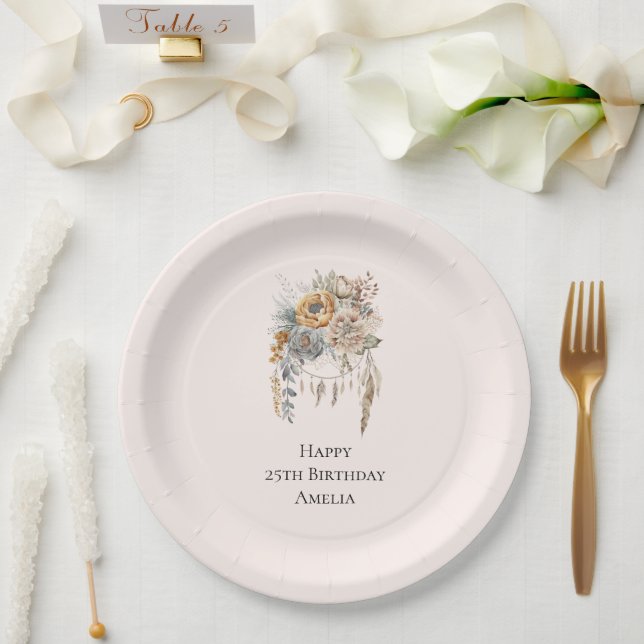 Boho Flower Bouquet and Dreamcatcher Birthday Paper Plates (Wedding)