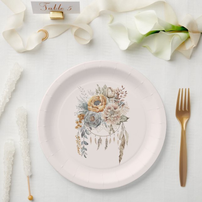 Boho Flower Bouquet and Dreamcatcher Paper Plates (Wedding)