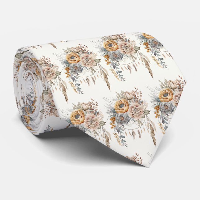 Boho Flower Bouquet and Dreamcatcher Pattern Neck Tie (Rolled)