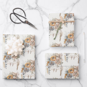 Boho Flower Bouquet and Dreamcatcher Pattern Wrapping Paper Sheets