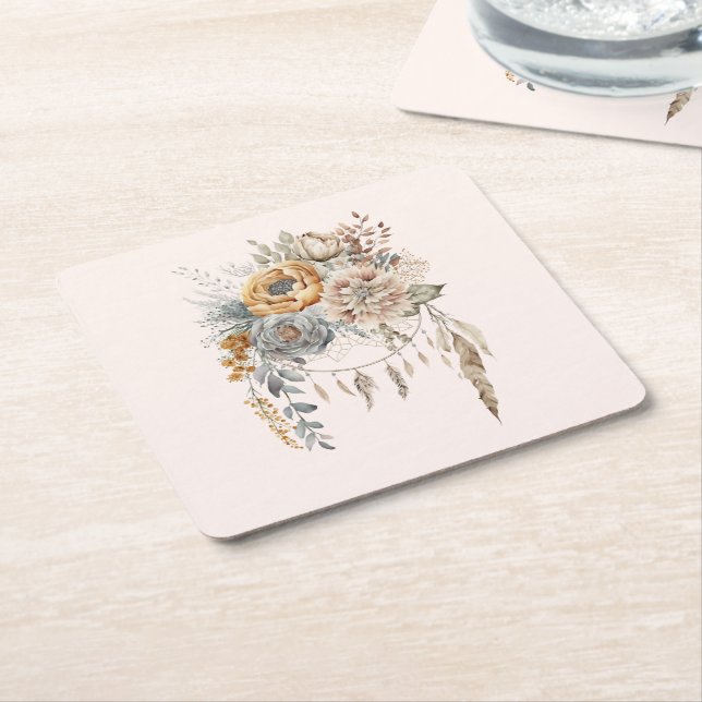 Boho Flower Bouquet and Dreamcatcher Square Paper Coaster (Angled)