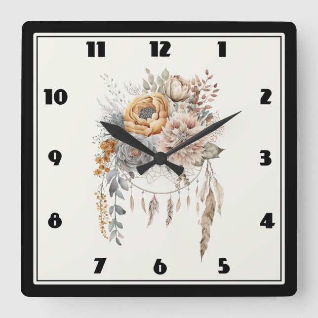 Boho Flower Bouquet and Dreamcatcher Square Wall Clock (Front)