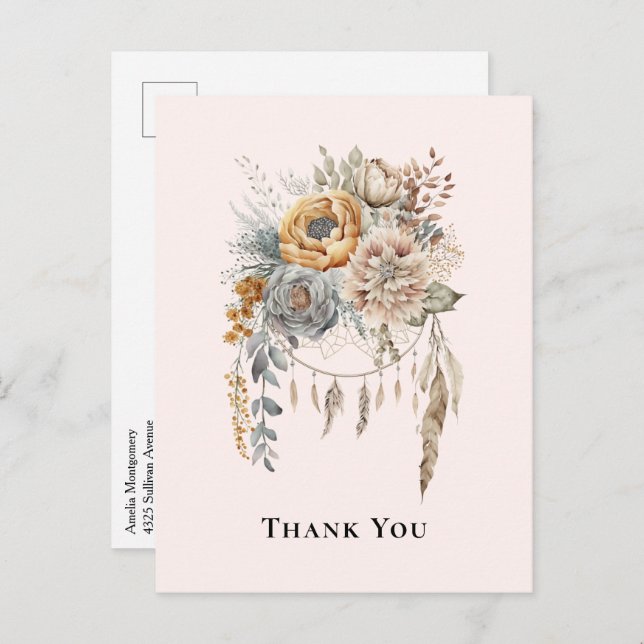 Boho Flower Bouquet and Dreamcatcher Thank You Postcard (Front/Back)