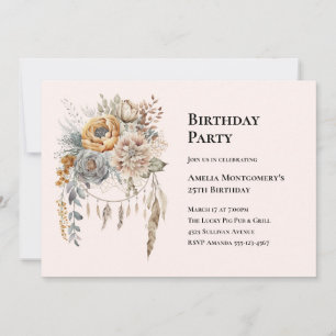 Boho Flower Bouquet in Neutral Colors Birthday Invitation