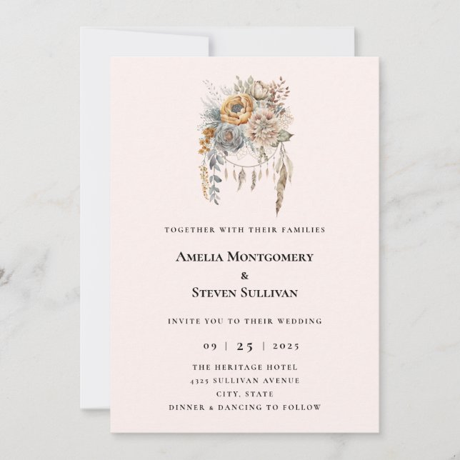 Boho Flower Bouquet in Neutral Colors Wedding Invitation (Front)