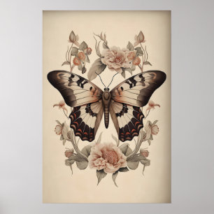 Boho Flower Butterfly Print, Moody Butterfly Wall Poster
