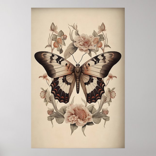 Boho Flower Butterfly Print, Moody Butterfly Wall Poster (Front)