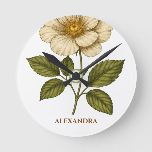 Boho Flower Custom Name Round Clock (Front)