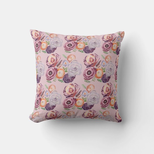 Boho Flower Garden Print Pink Throw Pillow (Front)