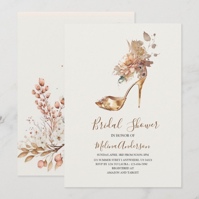 Boho Flower Golden Heel watercolor bridal shower Invitation (Front/Back)