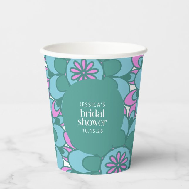 Boho Flower Groovy Green Bridal Shower Custom Paper Cups (Front)