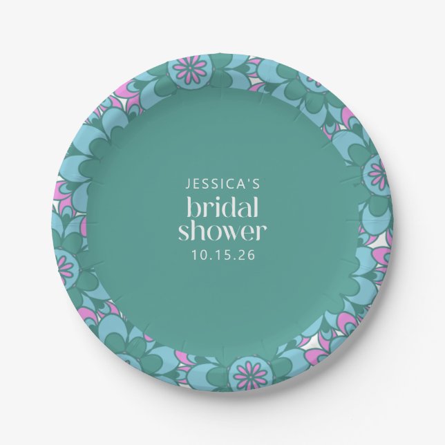 Boho Flower Groovy Green Bridal Shower Custom Paper Plates (Front)