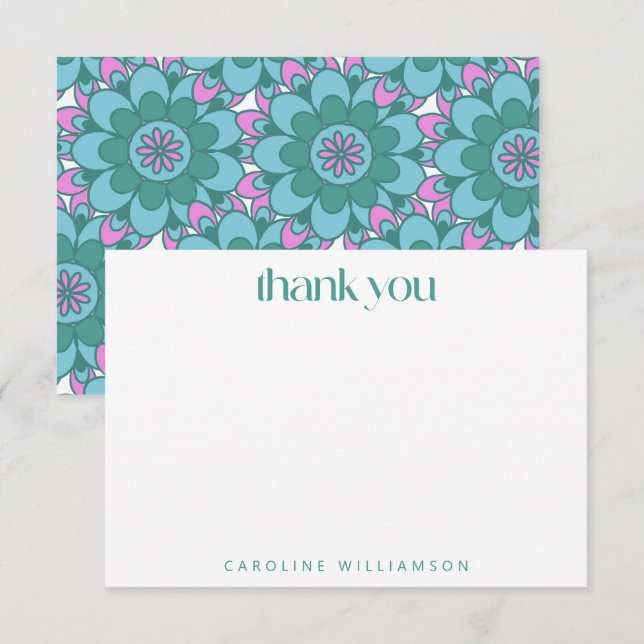 Boho Flower Groovy Green Personalized Name  Thank You Card (Front/Back)