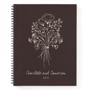 Boho Flower Line Art Drawing Brown Custom Wedding Notebook