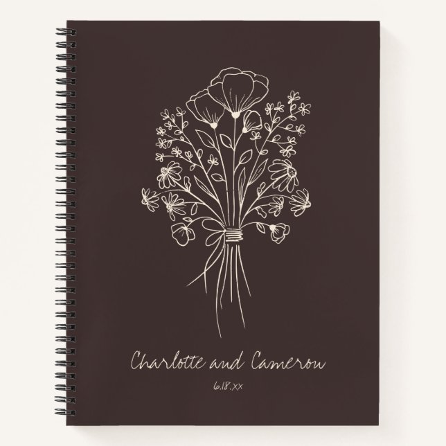 Boho Flower Line Art Drawing Brown Custom Wedding Notebook (Front)