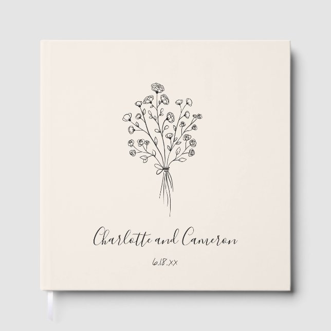 Boho Flower Line Art Drawing Custom Ivory Wedding  Guest Book (Front)
