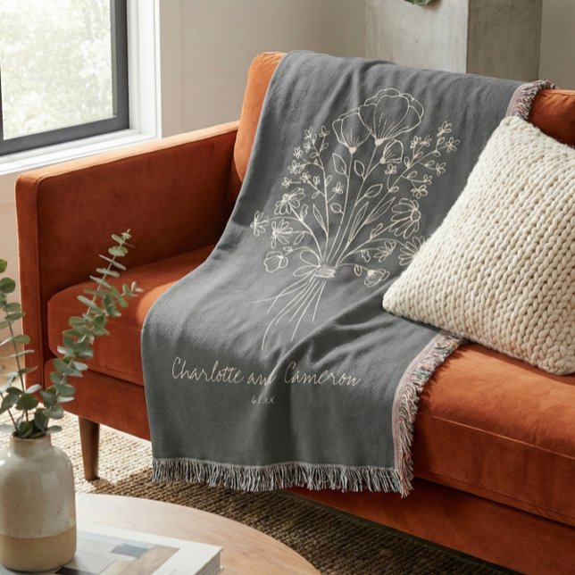 Boho Flower Line Art Drawing Monogrammed Wedding  Throw Blanket (Creator Uploaded)