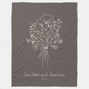 Boho Flower Line Art Drawing Personalized Brown Fleece Blanket