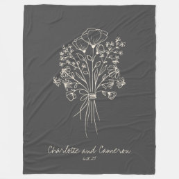 Boho Flower Line Art Drawing Personalized Names  Fleece Blanket