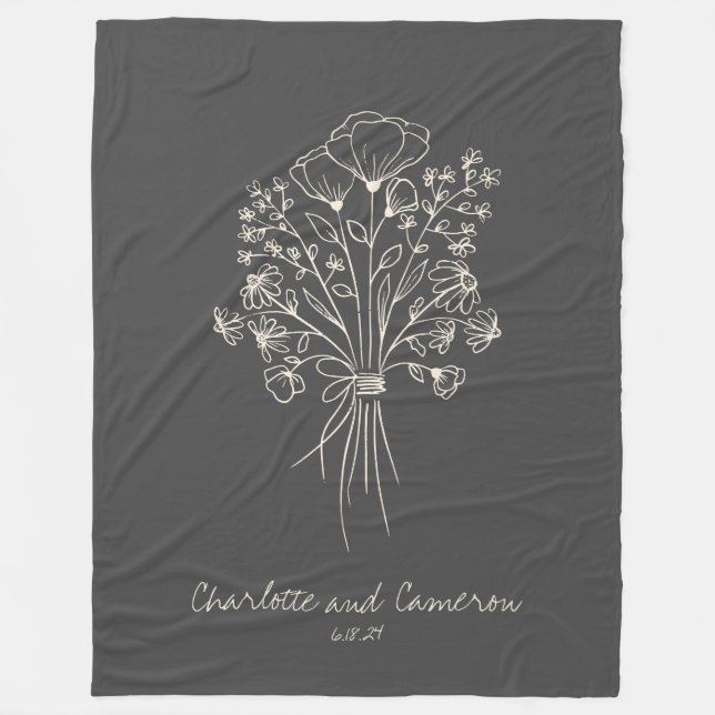 Boho Flower Line Art Drawing Personalized Names  Fleece Blanket (Front)