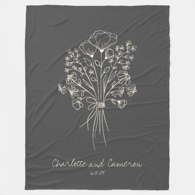 Boho Flower Line Art Drawing Personalized Names  Fleece Blanket