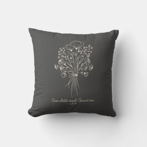 Boho Flower Line Art Drawing Personalized Names  Throw Pillow