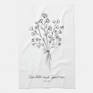Boho Flower Line Art Drawing Personalized Wedding  Kitchen Towel