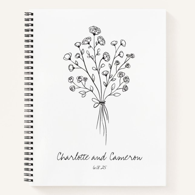Boho Flower Line Art Drawing Personalized Wedding  Notebook (Front)