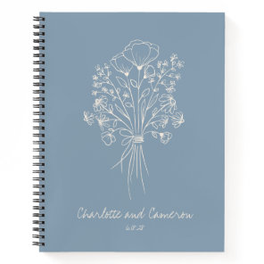Boho Flower Line Art Personalized Wedding Blue Notebook