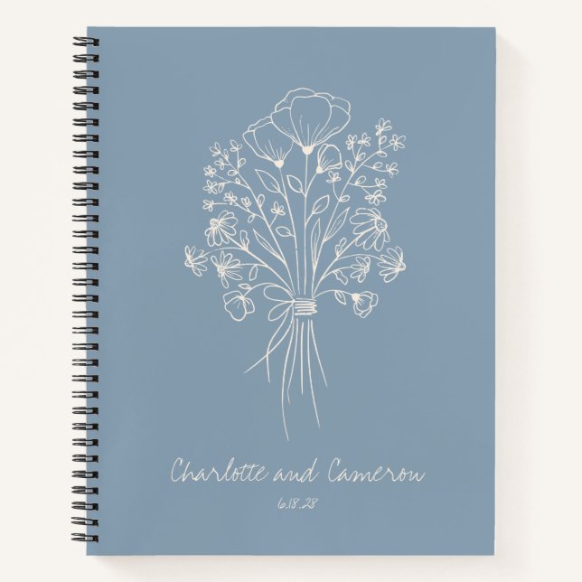 Boho Flower Line Art Personalized Wedding Blue Notebook (Front)