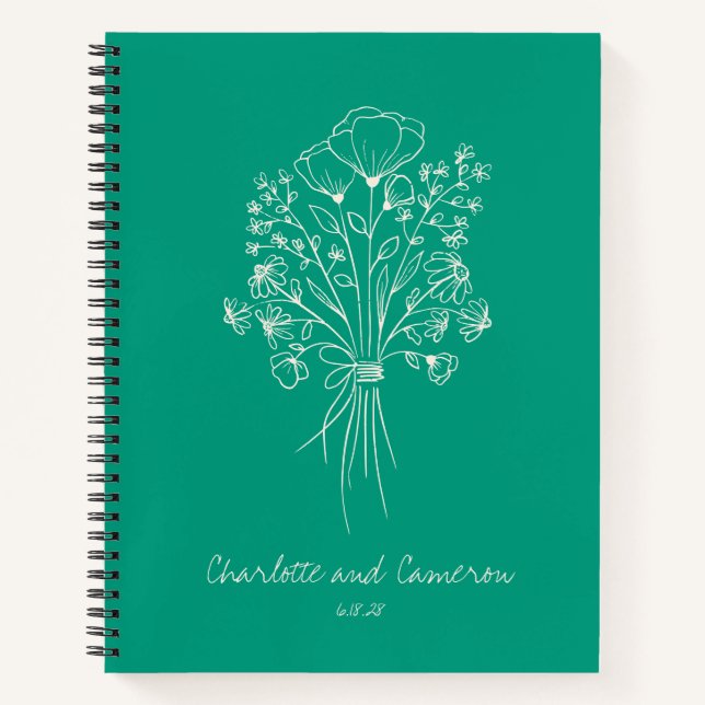 Boho Flower Line Art Personalized Wedding Emerald Notebook (Front)