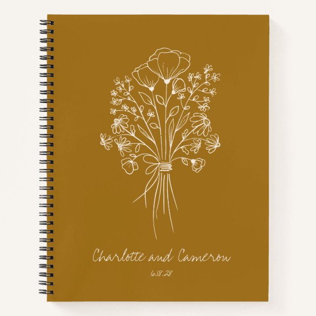 Boho Flower Line Art Personalized Wedding Mustard Notebook (Front)