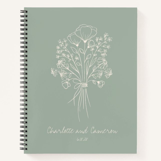 Boho Flower Line Art Personalized Wedding Sage  Notebook (Front)