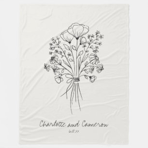 Boho Flower Line Drawing Personalized Cloud White Fleece Blanket
