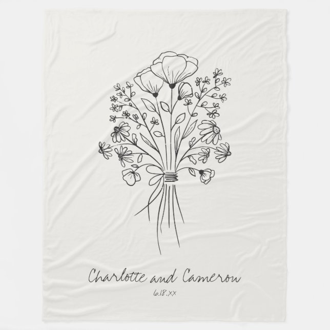 Boho Flower Line Drawing Personalized Cloud White Fleece Blanket (Front)