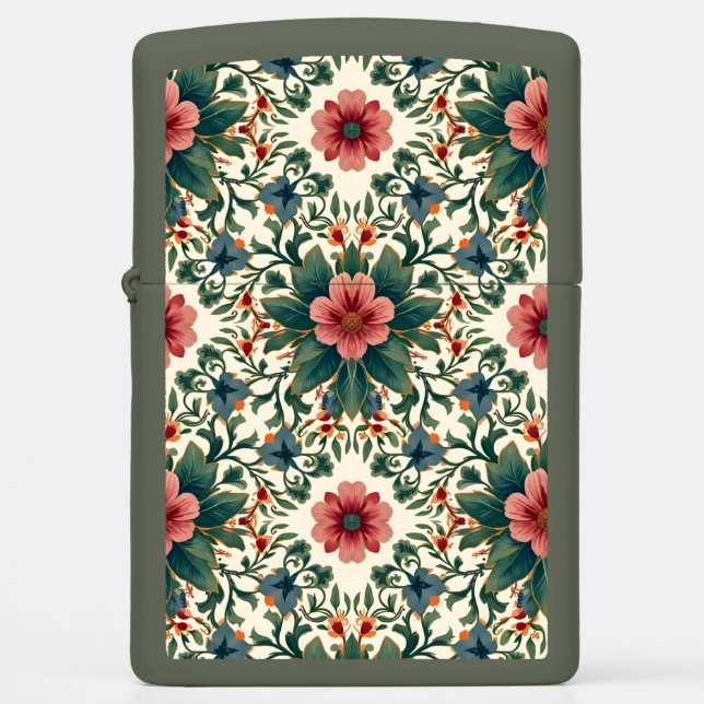 Boho Flower Magic - in Shades of Green and Pink Zippo Lighter (Front)